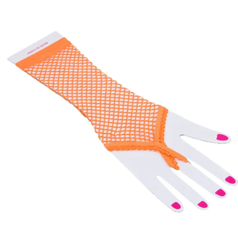 

Women Sexy Sheer Punk Long Fingerless Gloves Solid Color Fishnet Disco Dancing Party Mesh Mittens Lace Trim With Finger Loop 6