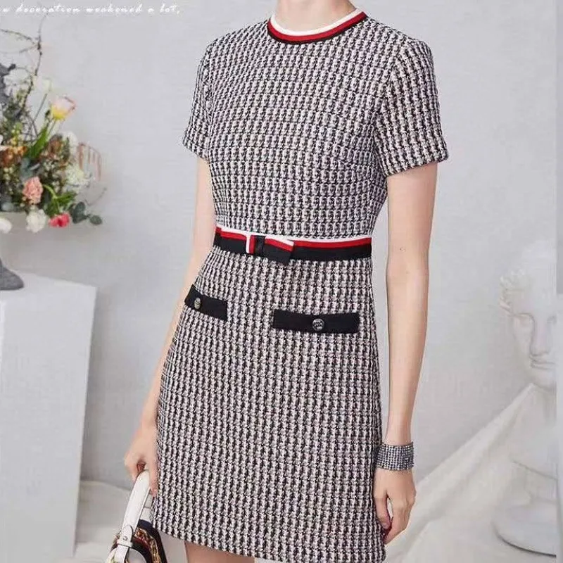 

mini women's pocket dress short sleeve round neck office dress French luxury brand woven lace evening party dresses