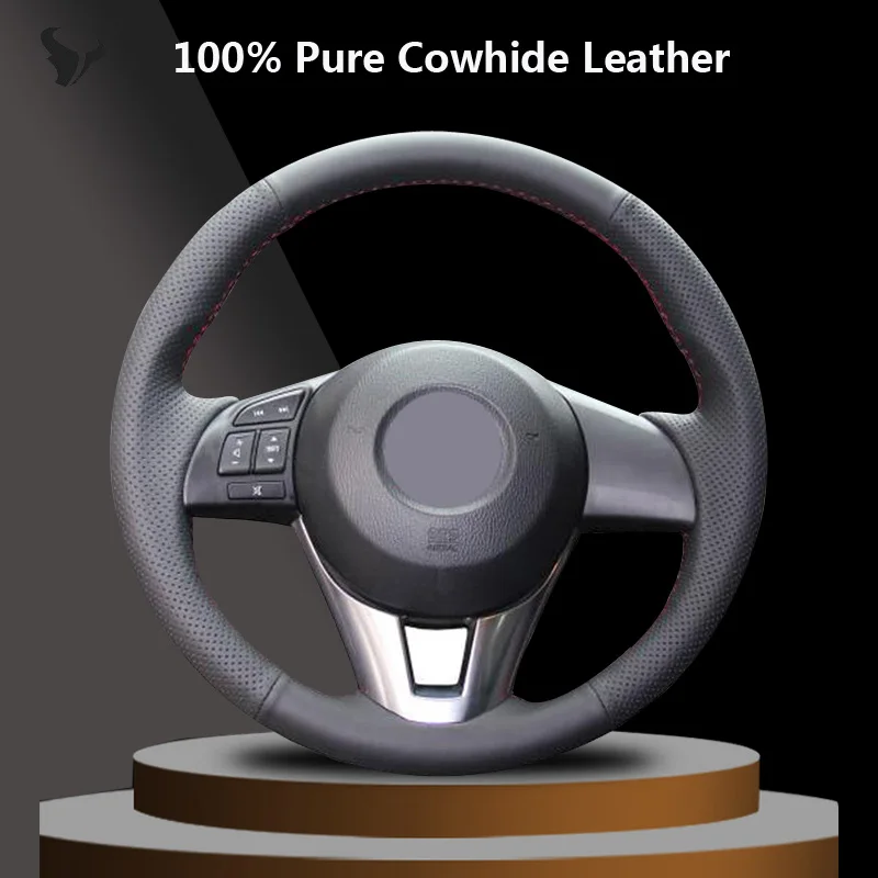 

Black Genuine Leather Car Steering Wheel Cover for Mazda CX-5 CX5 Atenza 2014 Mazda 3 CX-3 2016 Scion iA 2016
