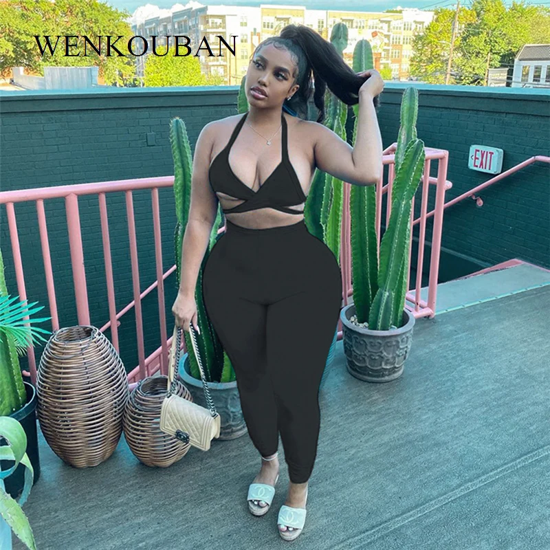 

2021 Skinny Slim Two Piece Sets Women Active Halter Top And Pants Matching Sets Backless Solid Summer Casual Sporty Suits