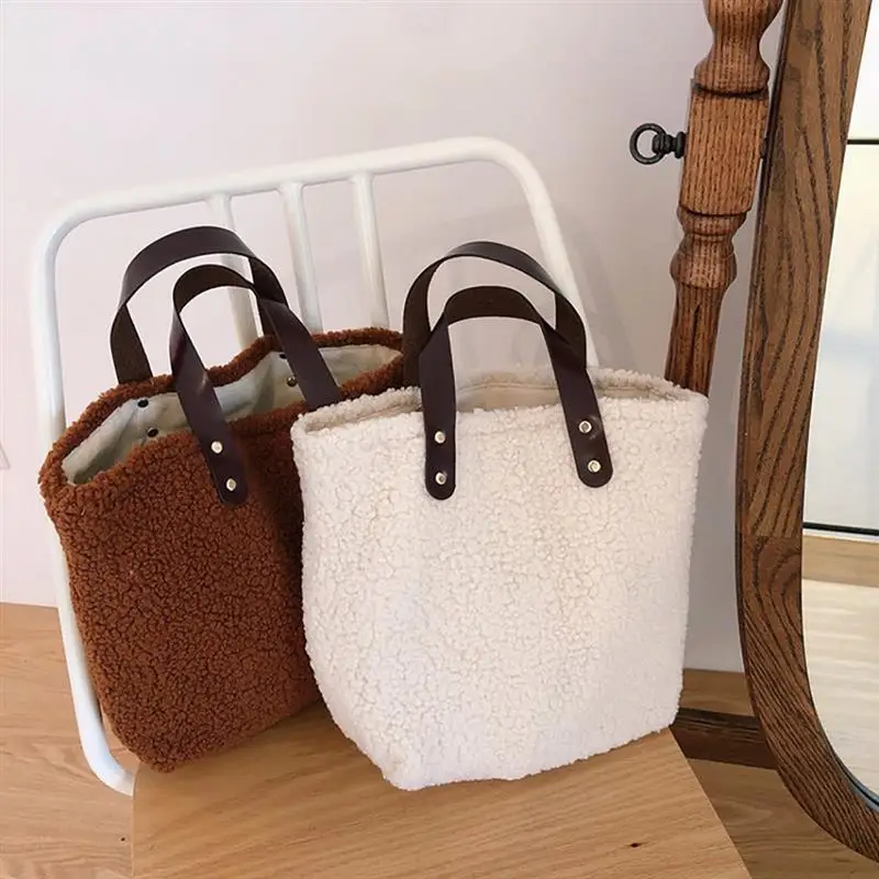 

Retro Plush Handbag Tote Simple Fashion Solid Color Shoulder Bag Top Handle Bag Handbag Purse For Winter 2020 New Arrive