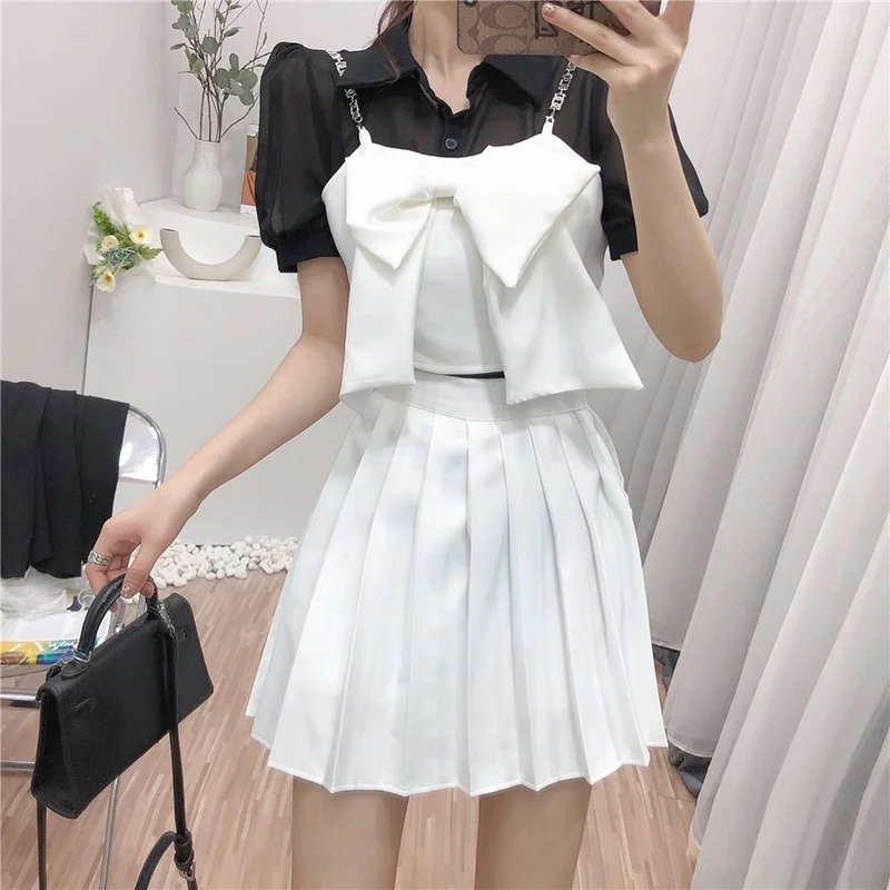 

Korejepo Women 3 Piece Set 2021 Summer French Retro Sweet White Puff Sleeve Shirt Bow Sling Pleated Skirt Female Fashion Suits
