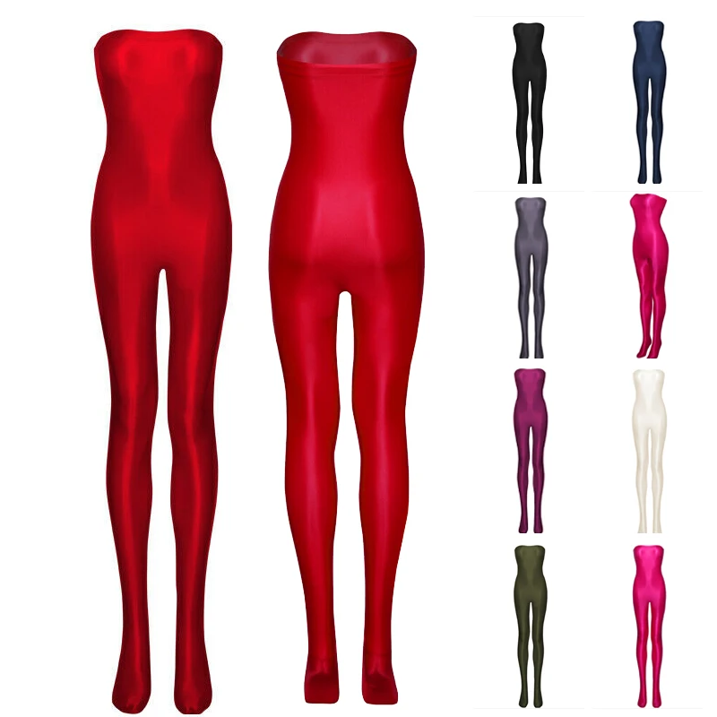

Women Glossy Sexy Long Sleeve Body Suits One-piece Oil Shiny Glossy Jumpsuit Playsuit Spandex Tight Sports Bodysuit