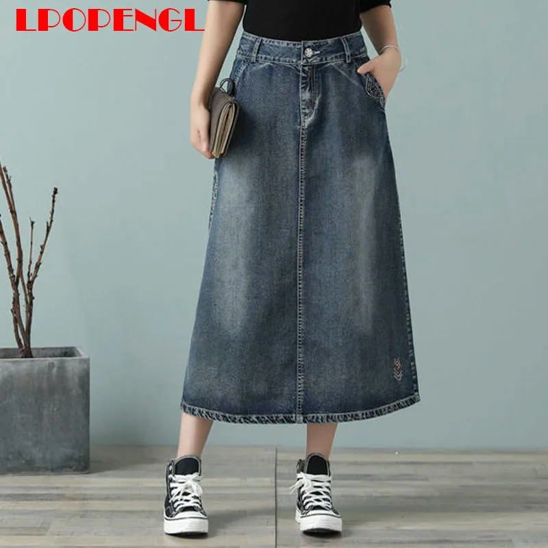 Юбка-трапеция женская джинсовая в винтажном стиле, милая Стильная джинсовая юбка с завышенной талией, модная универсальная Повседневная Дл...