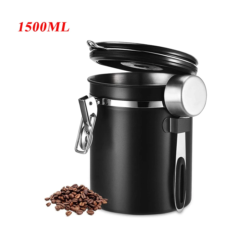 

1500ml Coffee Bean Airtight Tank With Spoon Single Valve Cup Scoop Tea Storage Tank Exhaust Stainless Steel Food Storage Can