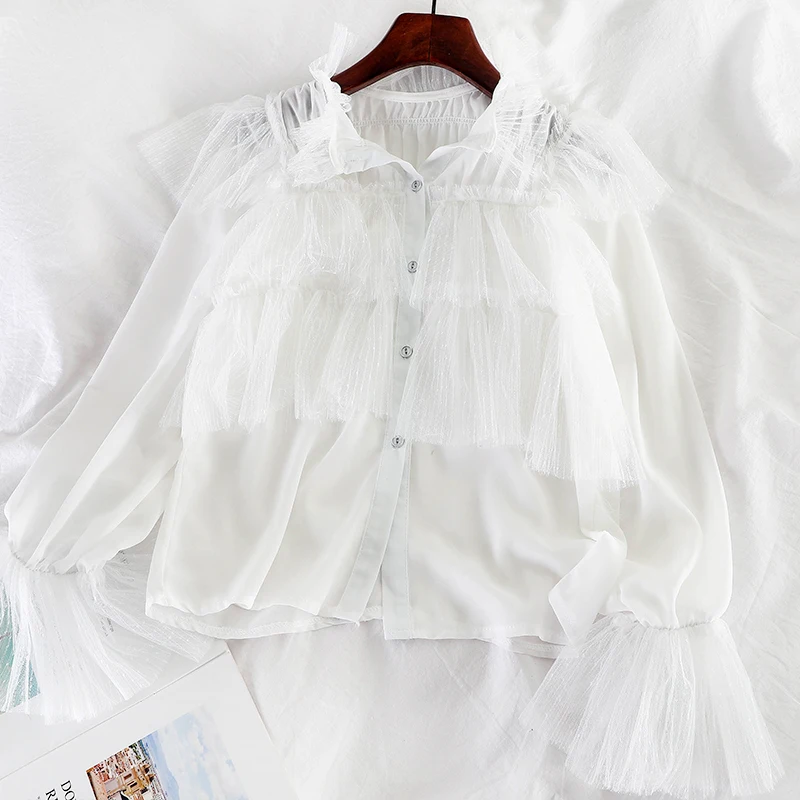 Women Blouse Shirts Женская рубашка с расклешенными рукавами в стиле пэчворк, шифоновая, сетчатая, марлевая, базовая, с оборками, винтажная, короткая, эластичная, тонкая, на пуговицах, пуловер, блузка, топы - Цвет: Women Blouse Shirts