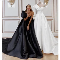 one shoulder black white wedding dress a line long bride second reception gown off shulder simple satin vestidos 2022