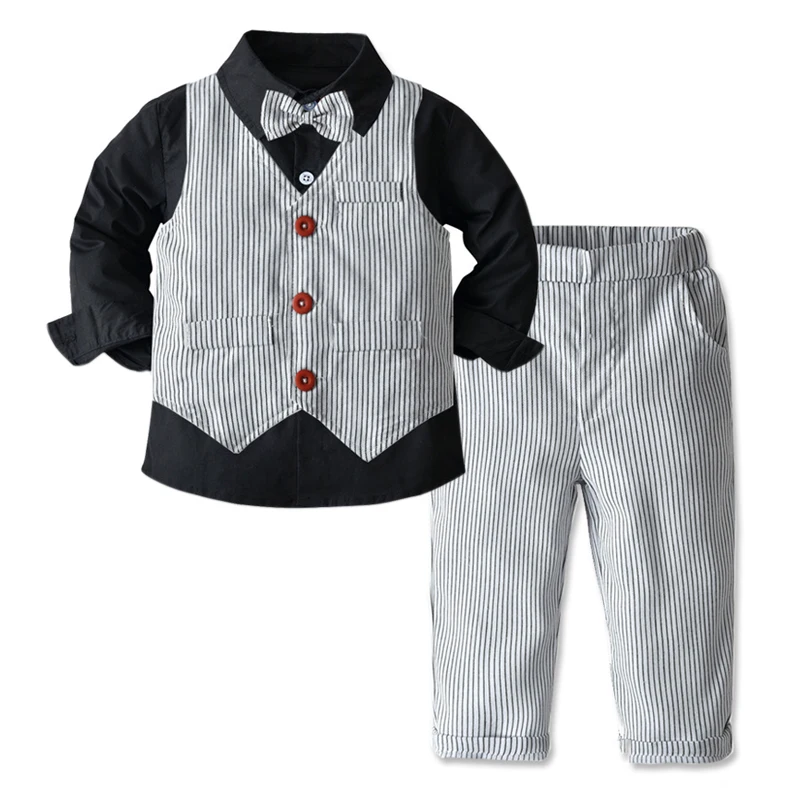 

Toddler Clothes Kids Boys Autumn Outfit for Party Striped Vest + Black Shirt + Pants 4 Pieces Suit Infant Children 1-6 Years