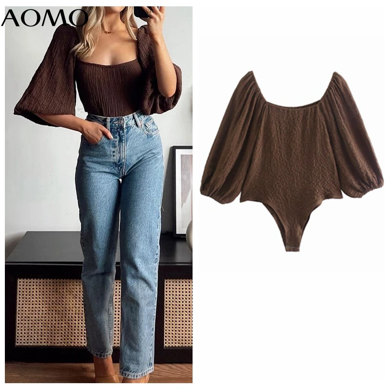 

AOMO Female Off Shoulder Body Suit Women Puff Sleeve Sexy Slim Jumpsuit Romper Girl Bodysuit QJ107A