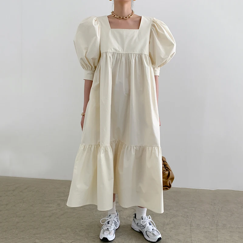 Летнее женское корейское винтажное свободное платье с высокой талией тонкое