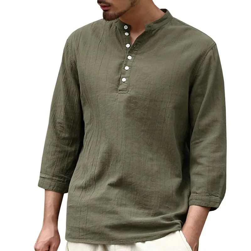 

Men Fashion Shirt Men 2019 Solid Color Half Sleeve Casual V Tie Buckle Trend Male Cotton Shirt