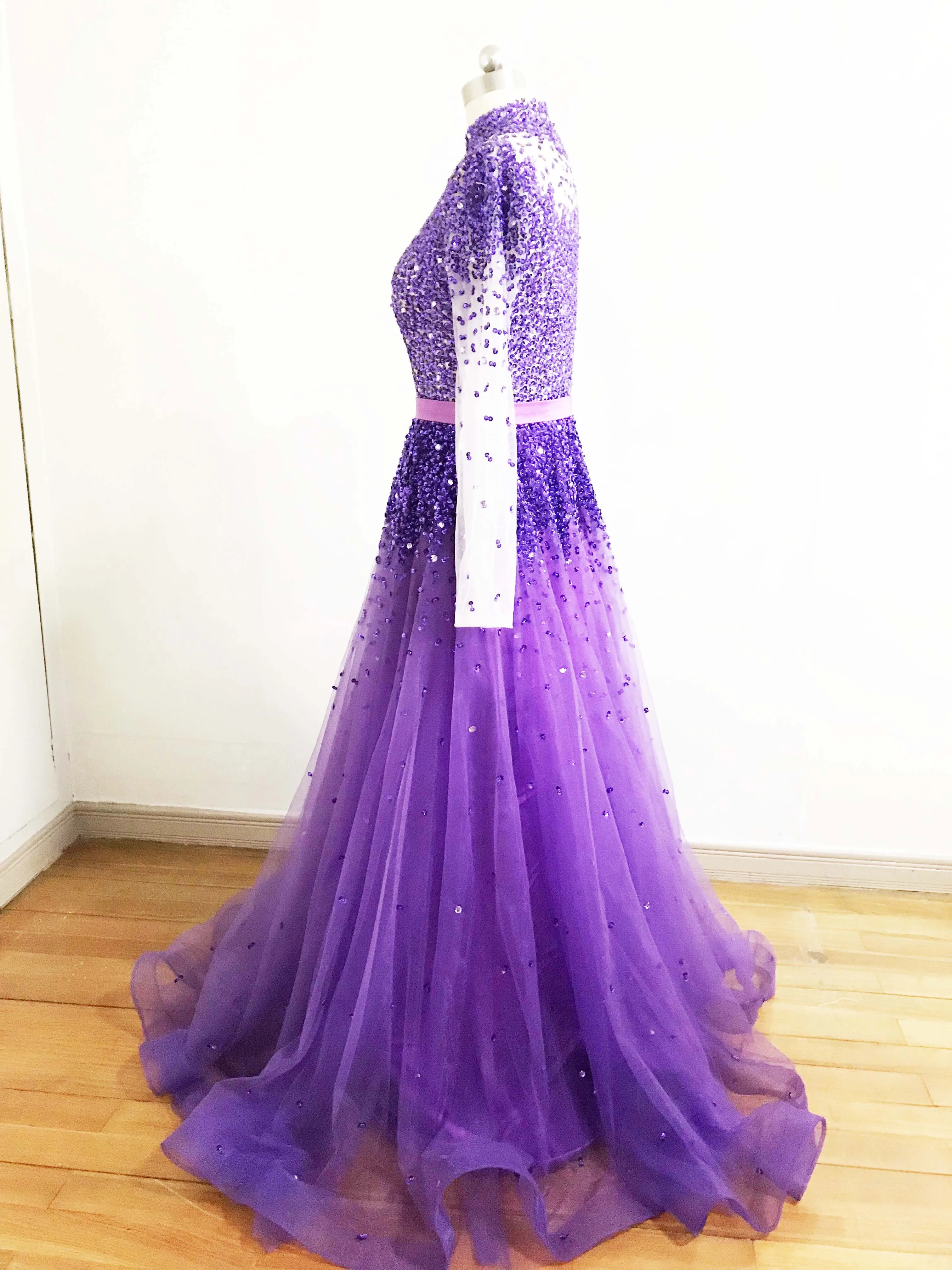 Best Selling Purple High Collar Beaded Heavily Long Sleeve A Line Prom Dresses