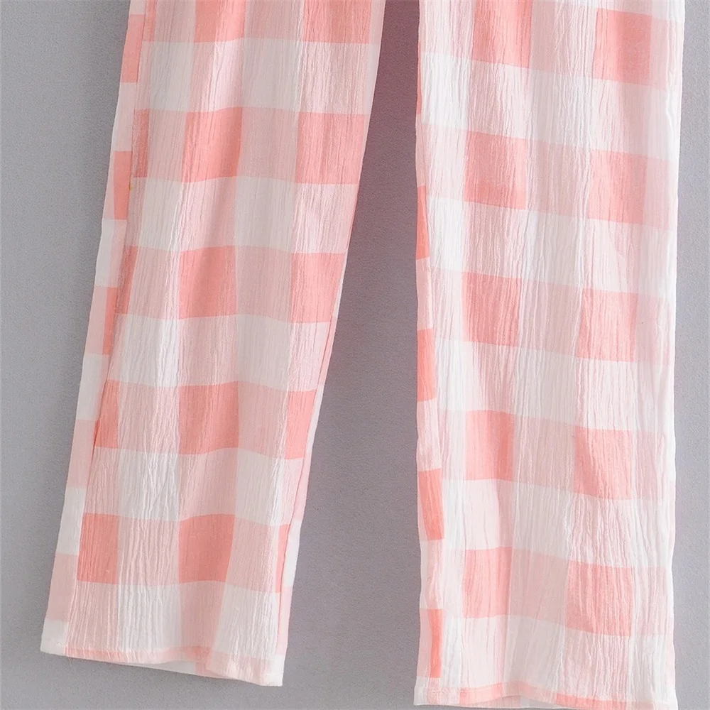 

2020 summer women's new fashion wild V-neck button decoration was thin plaid bubble sleeve jumpsuit