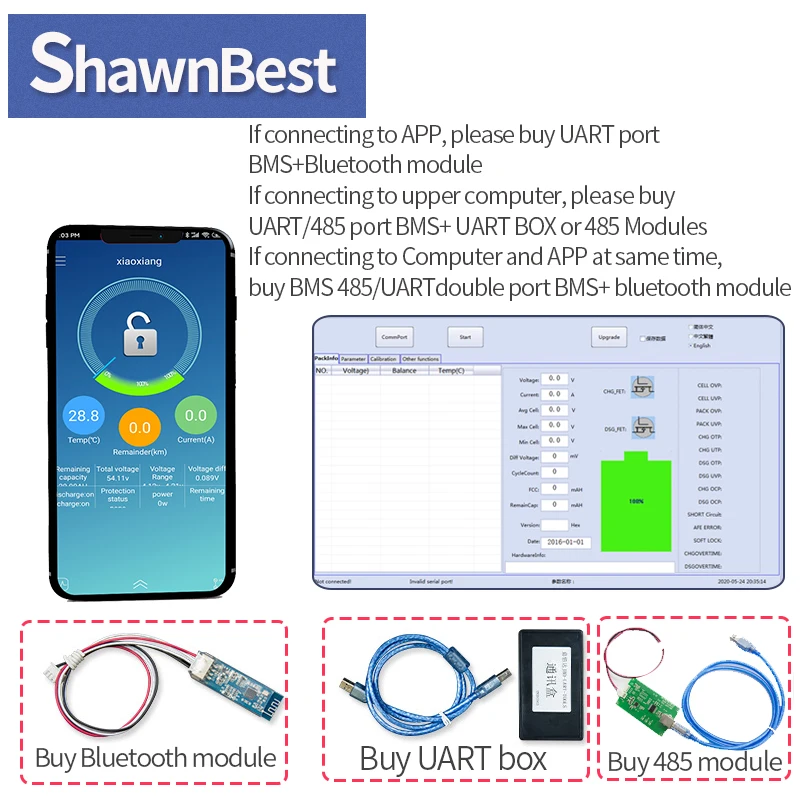 Интеллектуальный bluetooth bms 30 А 40 50 60 Lifepo4 в порт общего назначения 72 В литиевая