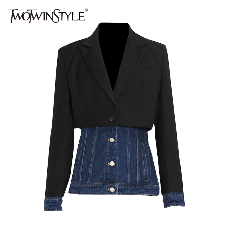

TWOTWINSTYLE Patchwork Denim Fake Two Jacket For Women Notched Collar Long Sleeve Slim Blazers Female Fashion Clothing 2022 New