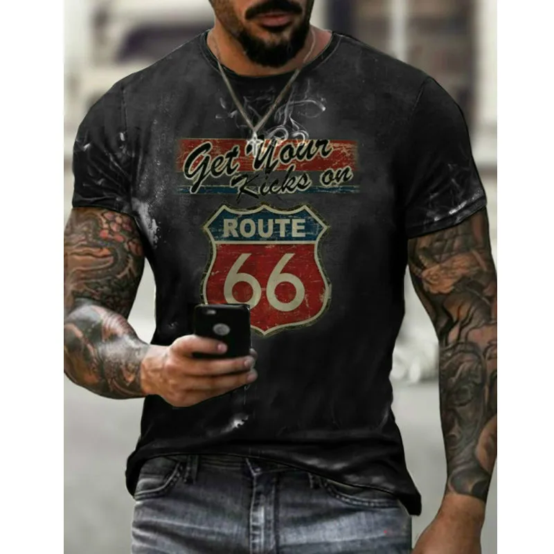 

6 Shiel-European and American street T-shirt highway letter printing short-sleeved T-shirt No. 66 casual street style summer pol