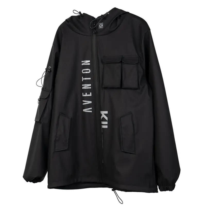 2021 Winter Stylish Men's Black Street Trench Techwear Waterproof Multi-Pocket Letter Printed Windbreaker Jackets Coat Clothing | Мужская