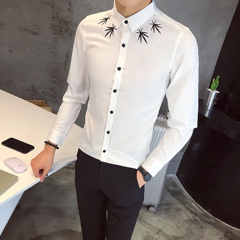 

Embroidery 2019 Fashion Men Shirt Top Quality Business Korean Slim Fit Shirt Fit Long Sleeve Dress Party Shirts Camisa Social