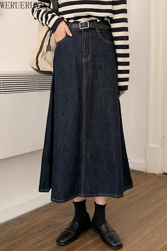 

WERUERUYU Korean Denim Pleated Skirts Women 2020 Autumn A Line High Waist Jeans Mid Skirt Casual Blue Flare Solid Long Skirt