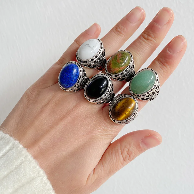

Vintage Natural Stone Ring Oval Tiger Eye Lapis lazuli Stone Ring Boho Open Joint Ring Adjustable Woman Men Jewelry Accessory