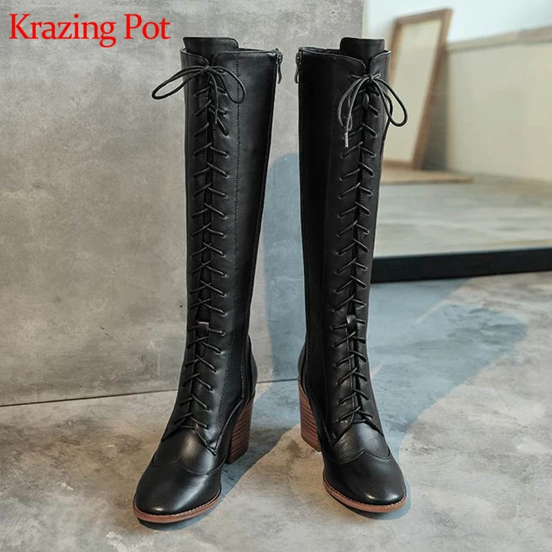 

Сапоги Krazing Pot до колена из коровьей кожи с перекрестной шнуровкой, дизайнерские сапоги с круглым носком на высоком каблуке, теплые зимние са...