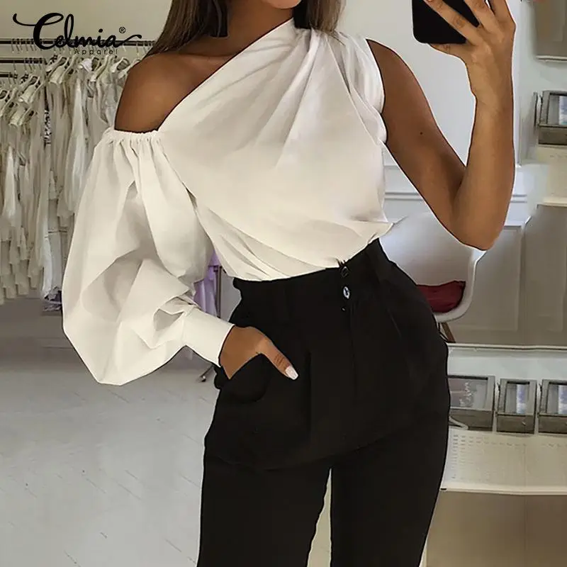 

2021 Celmia Women Fashion Long Sleeve Shirts Plus Size Solid Cold Shoulder Blouses Casual Loose Tops Ladies Elegant Work Blusas