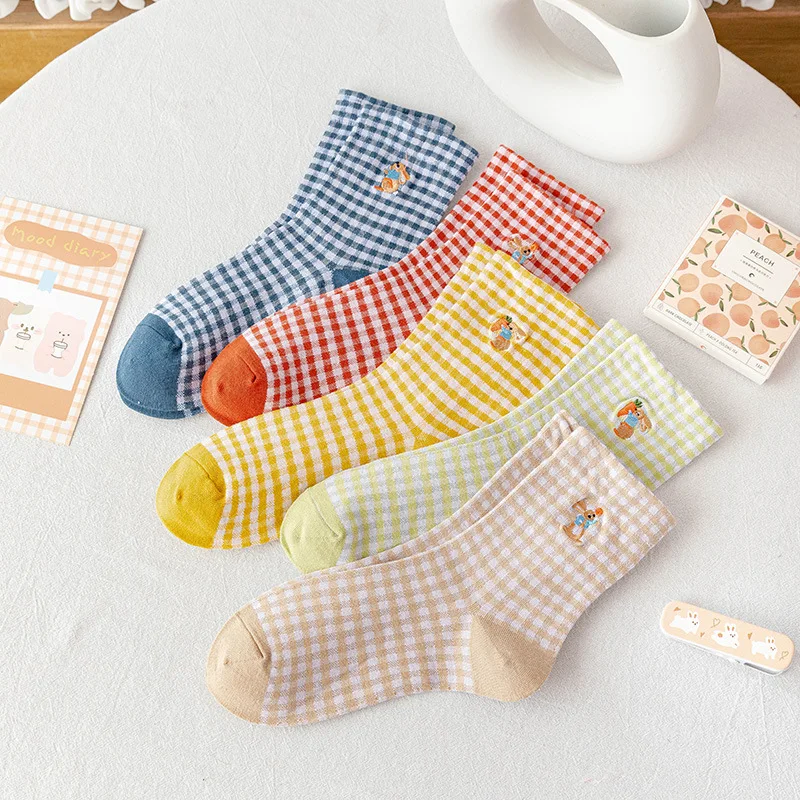 

cartoon socks retro lattice animal print cute rabbit funny japanese fashion kawaii women cotton designer street style calcetines