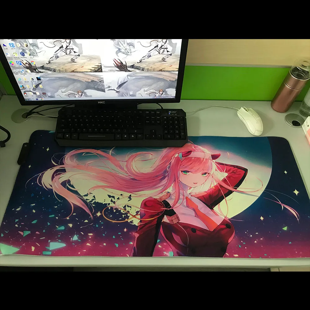 xgz anime zero two rgb kawaii mouse pad luminous led laptop mini game accessories gamer keyboard carpet pad mousepad gaming desk free global shipping