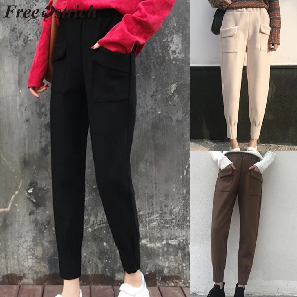 Женские шерстяные брюки с карманами однотонные замшевые большого размера