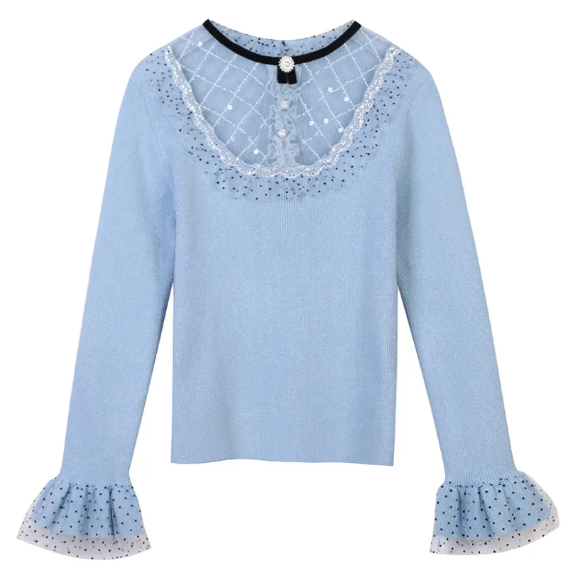 

O-Neck Lace Beaded Luxury Sexy Slim Blue Knitwear Top Sweater 2022 Fall Winter Women Pullover Flare Sleeve Sweet Brand Clothes