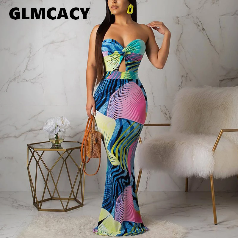 Женское длинное платье Русалка без бретелек с цветочным принтом длиной до пола