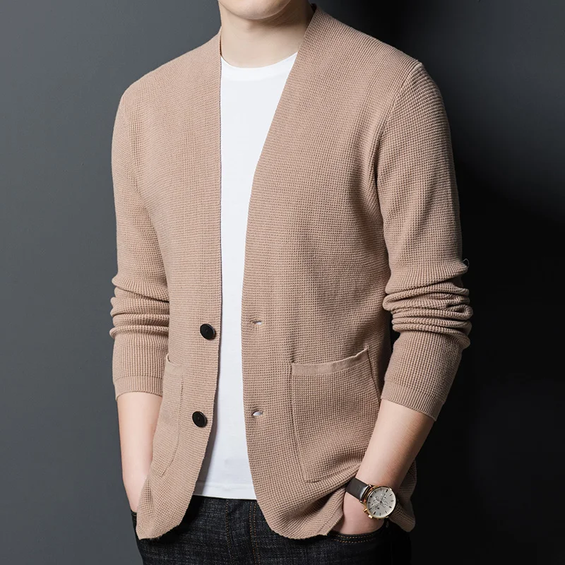 Мужской трикотажный кардиган на пуговицах повседневная однотонная куртка в