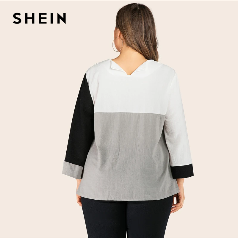 SHEIN/большие размеры; разноцветная блуза с широкими рукавами; Женская Повседневная блуза с круглым вырезом; сезон весна-осень; abaya Plus
