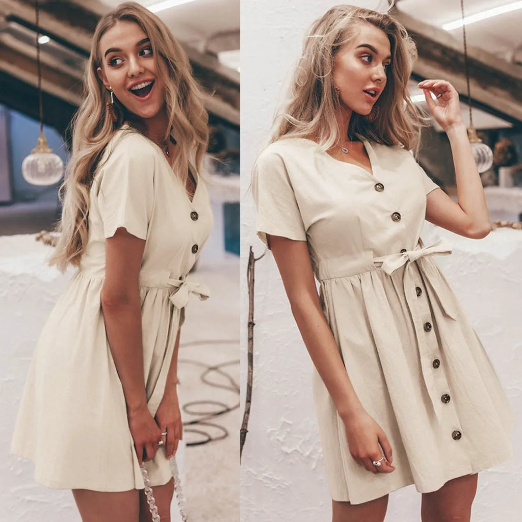 Женское однобортное платье SAGACE повседневное однотонное мини с коротким рукавом