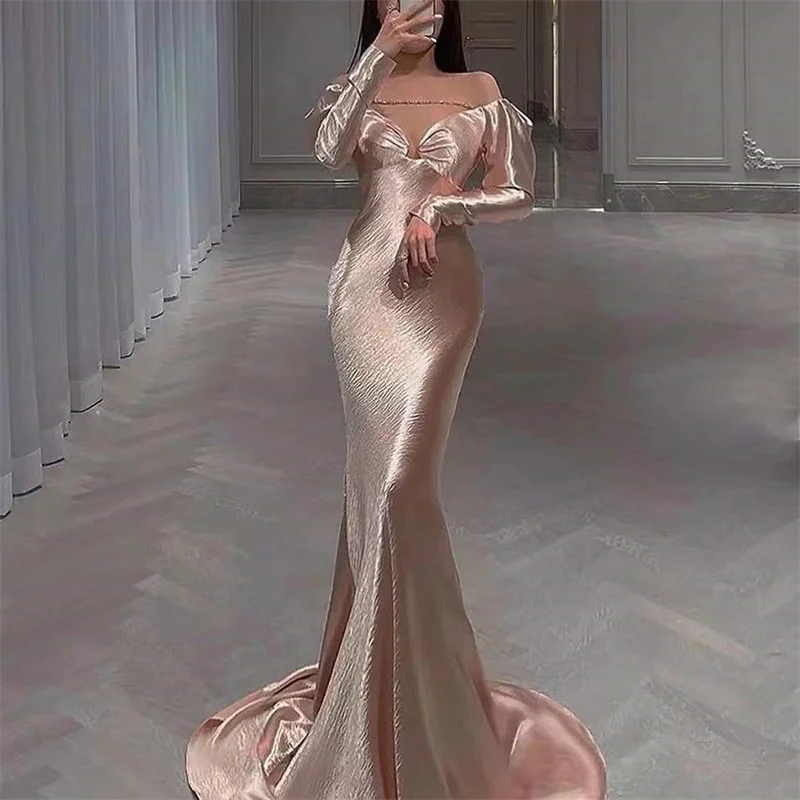 

New Formal Prom Dress Sweetheart Long Sleeve Tight Sweep Train Elegant Evening Dresses Vestidos Elegantes Para Mujer