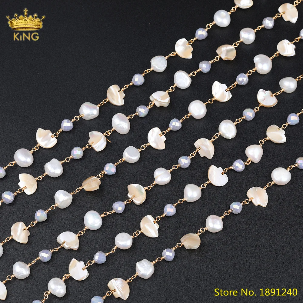 5Meters Sale, White Pearl Beads Chains Jewelry,Mix Rondelle Stone Beads Rosary Chains,Faceted Glass Beads Gold Chains Findings