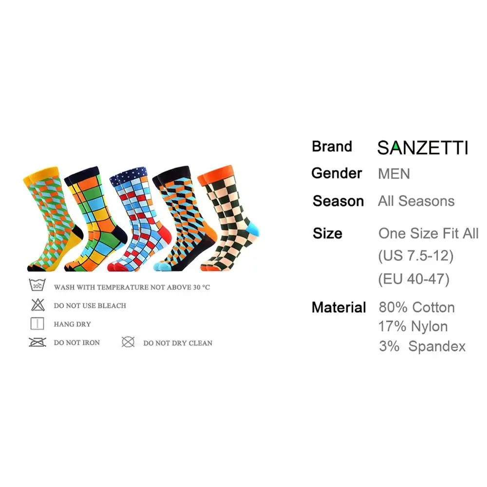 

SANZETTI 5 Pair/Lot Colorful Men's Casual Combed Cotton Wedding Happy Crew Socks Funny Hip Hop Novelty Bright Plaid Dress Socks