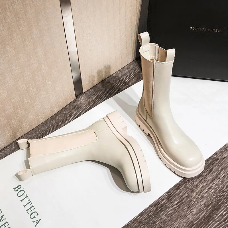 

boots women's fashion cool 2020 new thick soled raised middle barrel British style slim white Chelsea boots