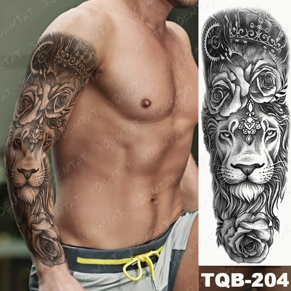Black Full Arm Temporary Tattoo Sticker Men Adult Lion Tiger Totem Flash Tatoo Waterproof Body Art Fake Sleeve Tatto Realistic