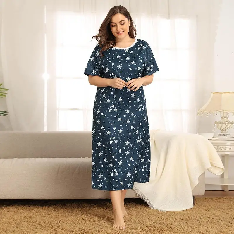 

XL-4XL Big Size Night Dress Women Summer Sleepwear Short Sleeve Stars Printing Long Sleeping Dress Pajamas for Women Plus Size