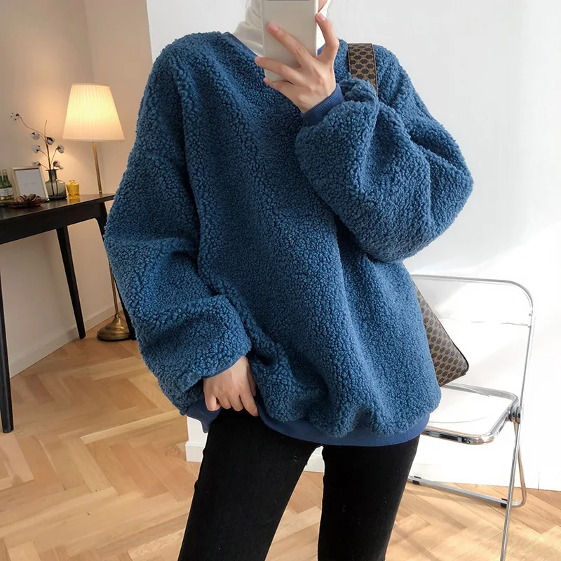 Теплый осенний женский флисовый свитер с длинным рукавом из овечьей шерсти