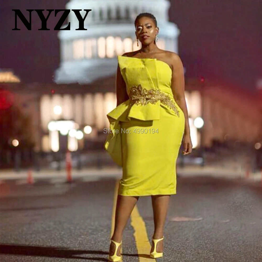 NYZY C280 Elegant Strapless Chiffon Yellow Cocktail Dresses 2020 Africa Party Dress Short Gown Prom Homecoming Graduation
