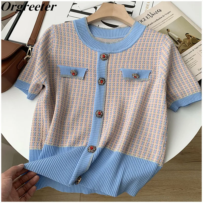 

3 Colors Choose Vintage Knitwear Female Mujer 2021 Summer New O-neck Diamond Button Hit color Pullover Tops Thin Blusa Mujer