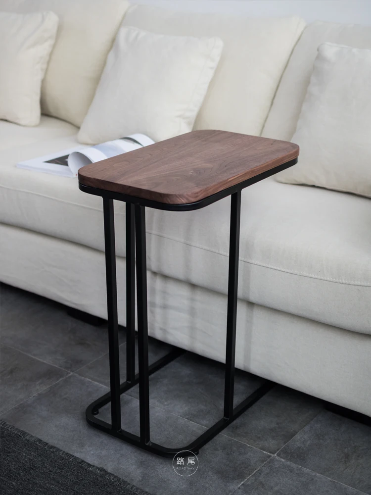 Nordic Wrought Iron Sofa Side Simple Modern Black Walnut Solid Wood Bedside Table Ins Living Room Marble Corner |