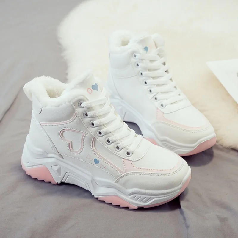 White pink Женские ботинки; бархатные теплые зимние ботинки; зимняя высококачественная Спортивная трендовая Повседневная обувь; уличная спортивная обувь; zapatillas mujer - Цвет: White pink