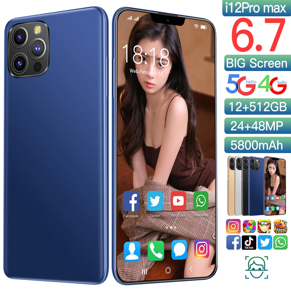 

Phone I12 Pro MAX 6.7inch Smartphones 16G+512G 5800mAh Face Unlock Android Mobilephone Supports Google Play 5G Network Cellphone