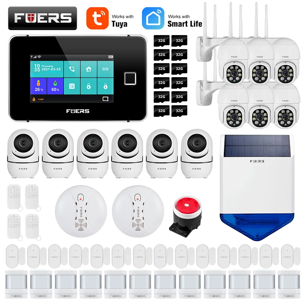 

Беспроводной дверной звонок FUERS, Wi-Fi, GSM, Alexa Tuya Smart домашняя система охранной сигнализации, камера 2 Мп, 433 МГц, сирена
