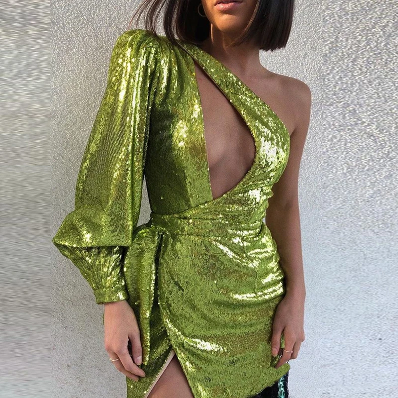 Yesexy 2019 сексуальное женское мини-платье с неровным вырезом на одно плечо фонарик