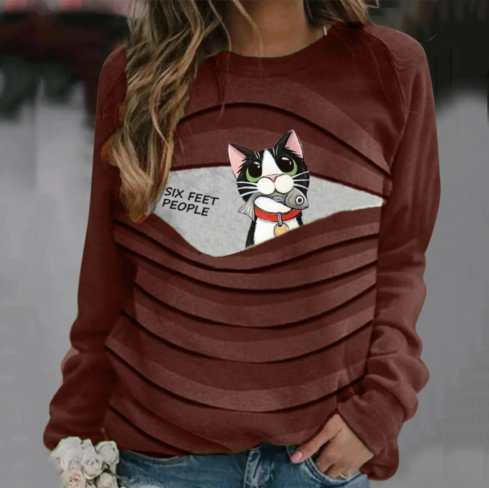 Женская Повседневная рубашка с длинным рукавом и принтом кошки свободная