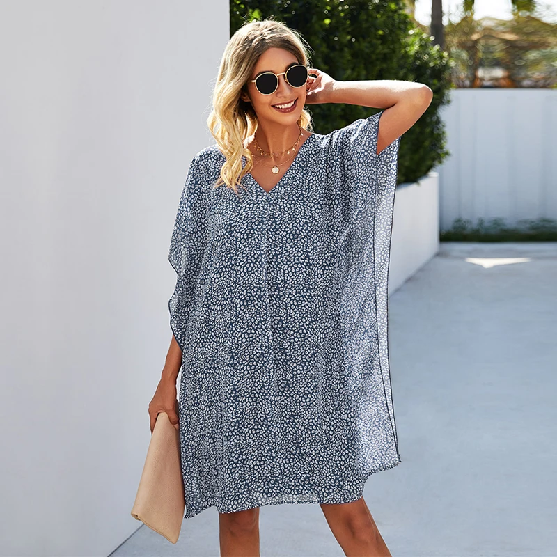 

Summer Oversize Leopard Dress For Women 2021 New V Neck Batwing Sleeve Short Ladies Casual Loose Print Dresses